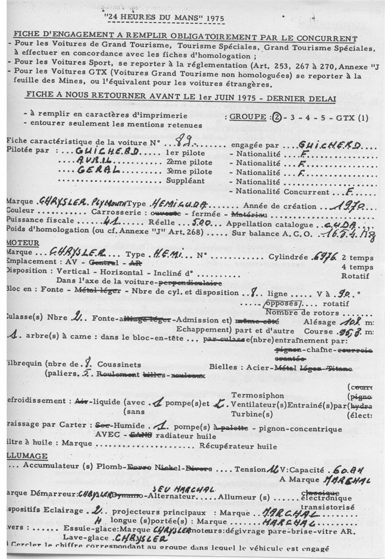 entry application Hemicuda Le Mans 1975