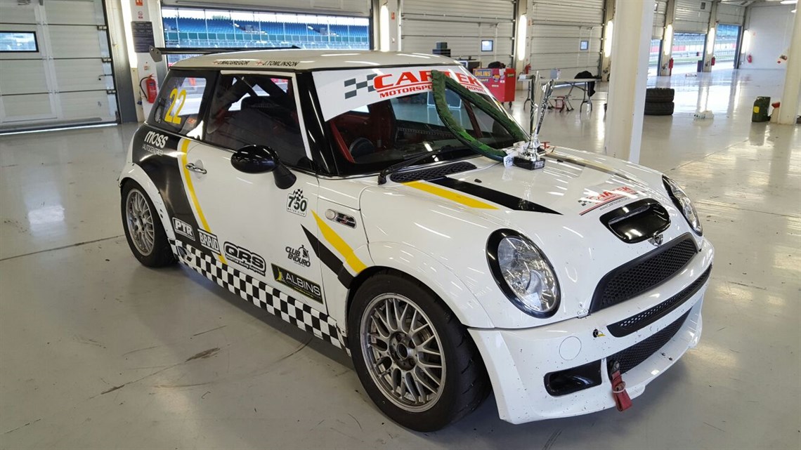 The Mini Cooper JCW with its first place trophy in the 750MC 2hr Club Enduro Event