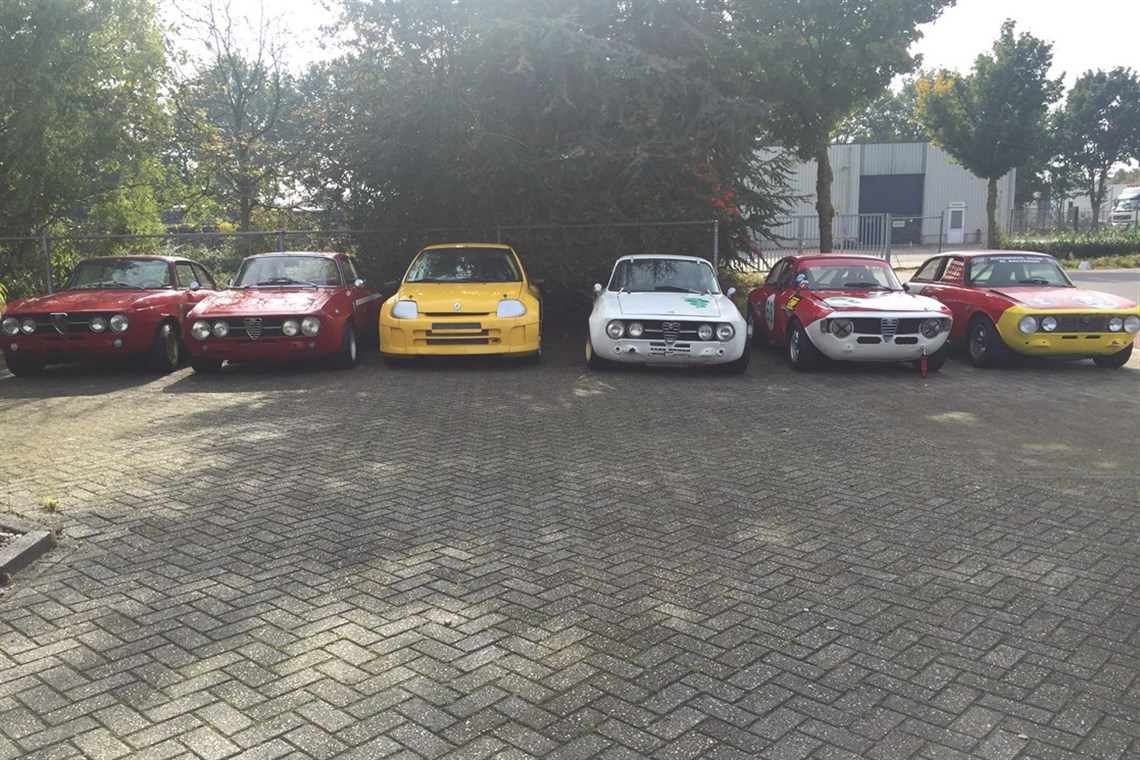 six cars for sale as a block all alfas with 2 liter engines, three race cars two street cars, all of them ready to be licenced. 